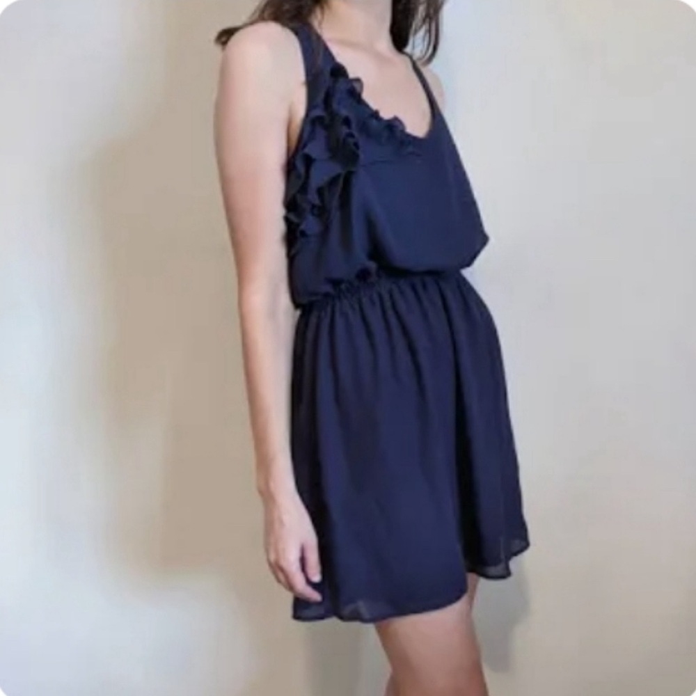 Eyelash Couture Women's S Blue Ruffle Cross-Back Sleeveless Short Dress Casual